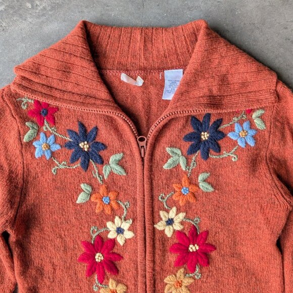 Vintage Frost Orange Lambswool Full Zip Colorful Floral Embroidered Sweater XS - Picture 2 of 8